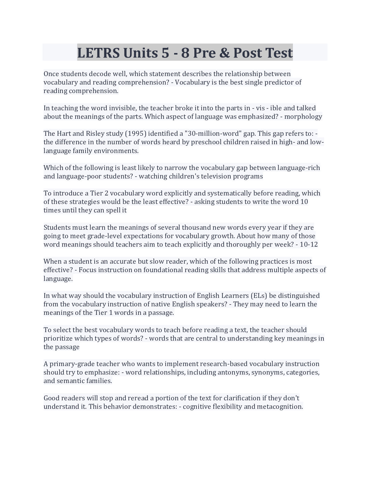 Preview image for LETRS Units 5 - 8 Pre & Post Test Questions And Answers